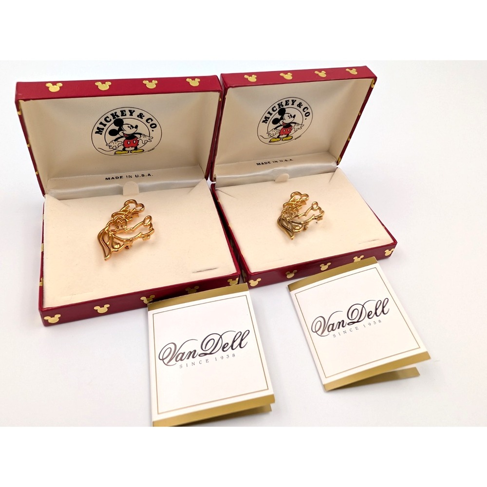 2 Vintage Van Dell Mickey & Co Disney Goofy Brooch Pin Gold Tone Signed Box READ